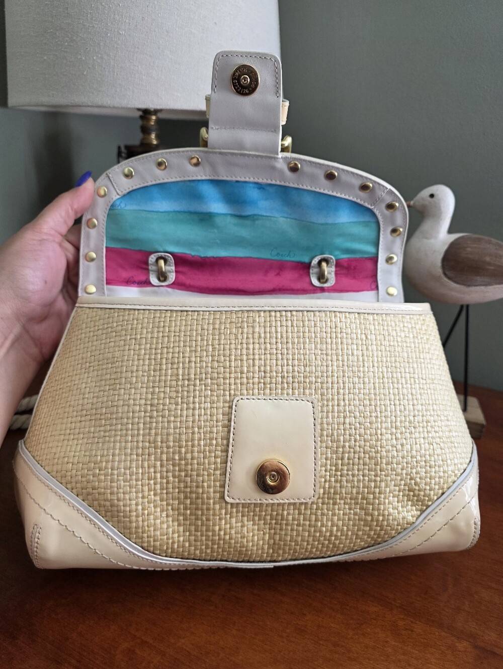 Coach F11687 Soho Woven Straw Patent Leather Satchel Ivory Summer Y2K Bag - Picture 12 of 16
